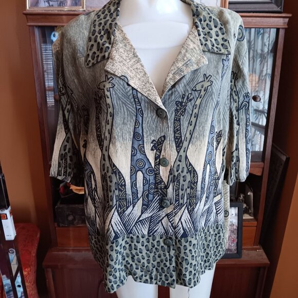 Vintage 1980s Womens Elephant Blouse Large Green Rayon Printed by Sea Suns Top L - Picture 2 of 7